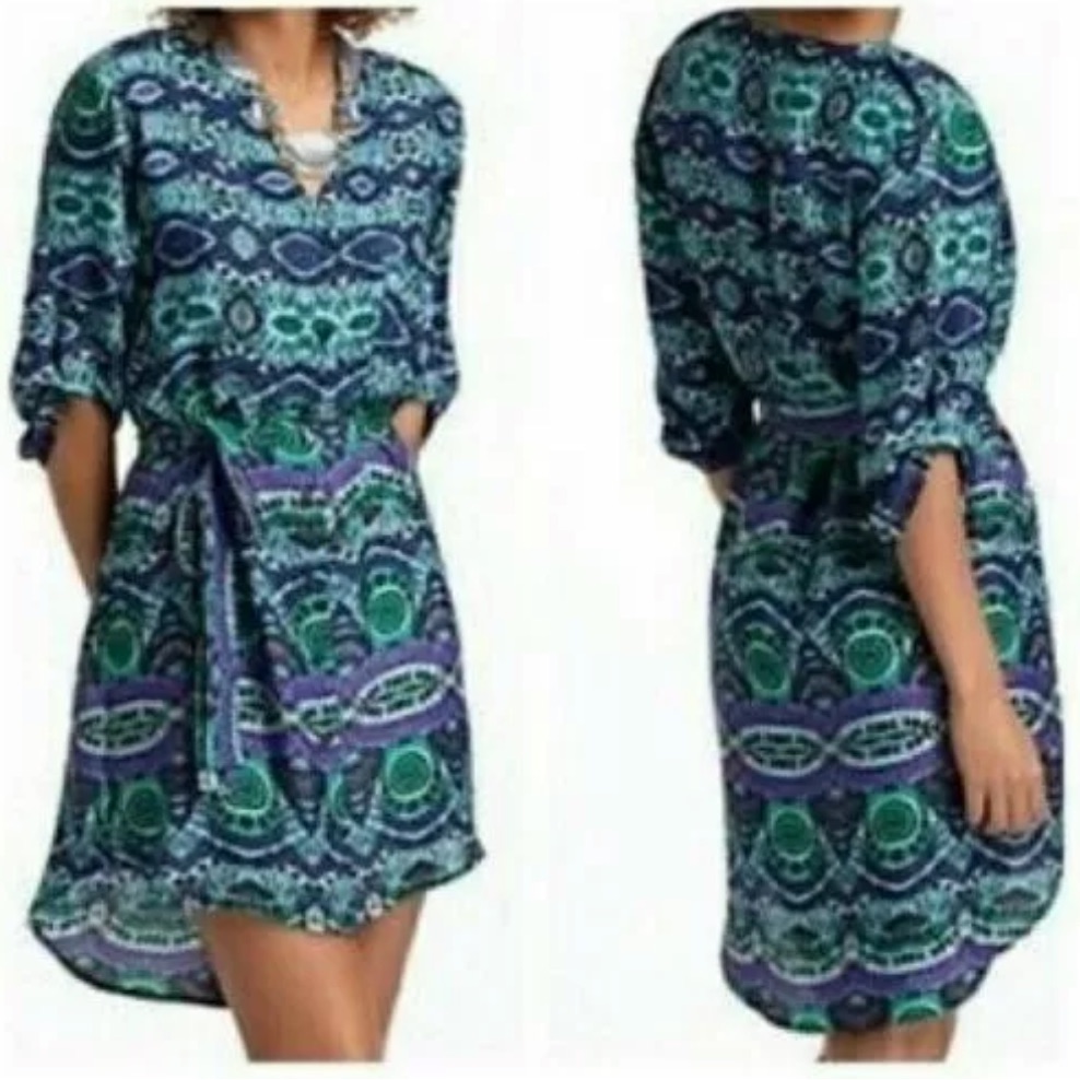 Anthropologie Maeve Ikat Blue Green High Low Shirt Dress J4